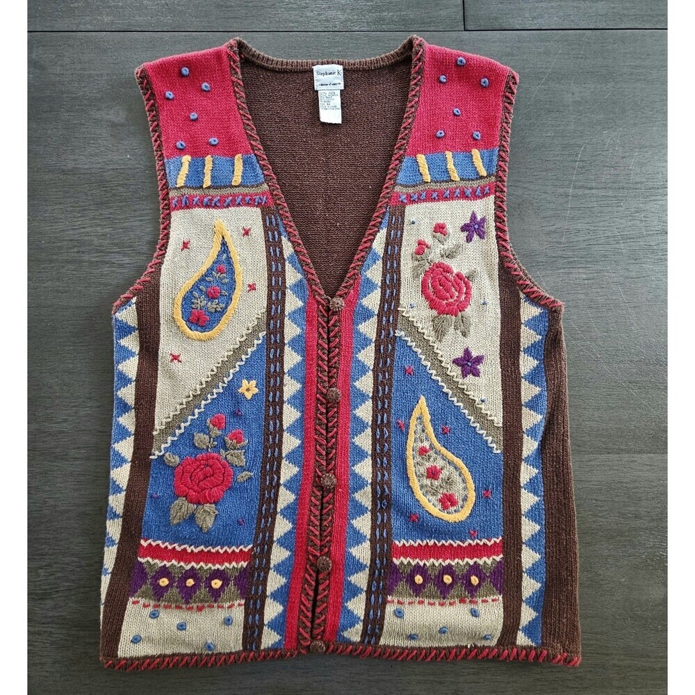 Women's Vintage Paisley Floral Embroidered Vest Patchwork Brown Boho Artsy Kitch